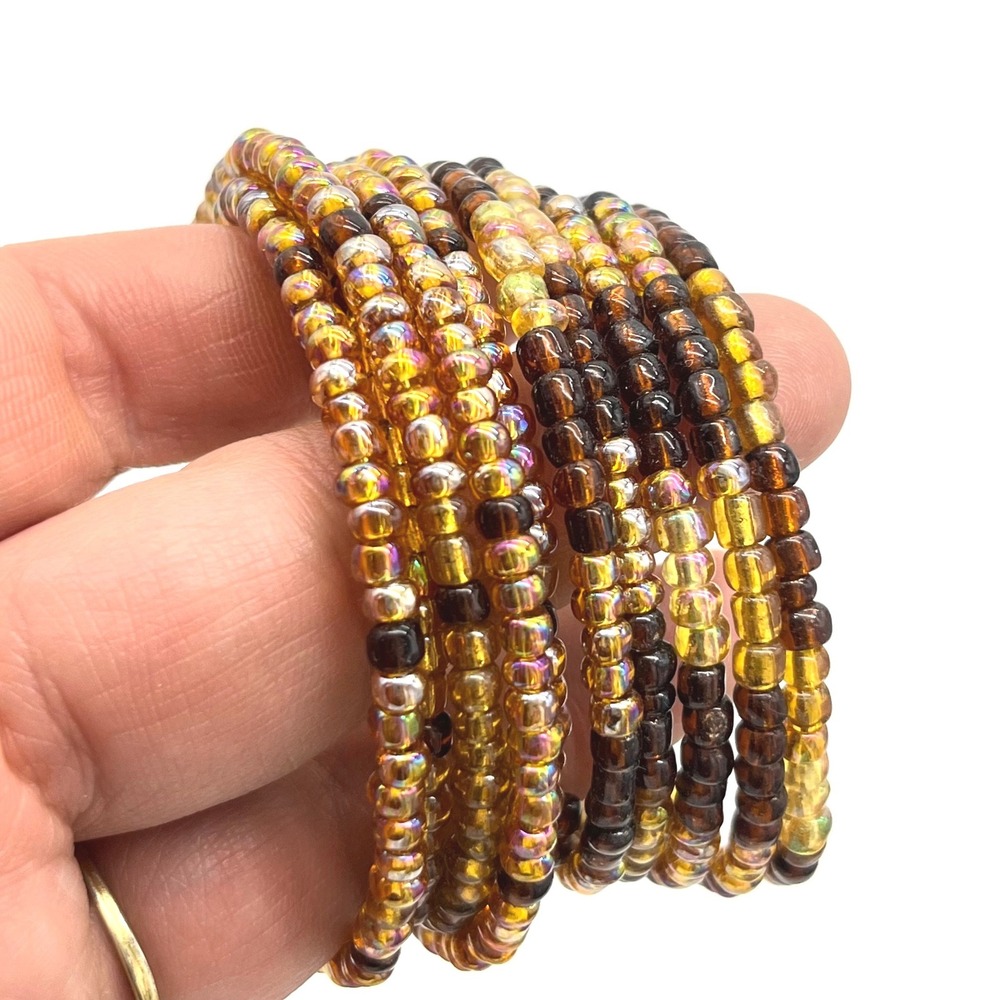 Glass Seed Bead Memory Wire Wrap Bracelet‎ Set Amber Brown Iridescent Gold 2pc - Picture 3 of 3